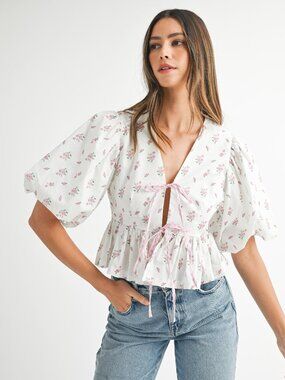 NWT Mable Puff Sleeve Pink Floral Printed Bow Tie Front Top